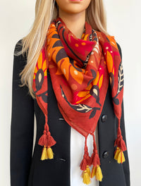 ORANGE LOTUS FLORAL PRINT SQUARE TASSEL SCARF