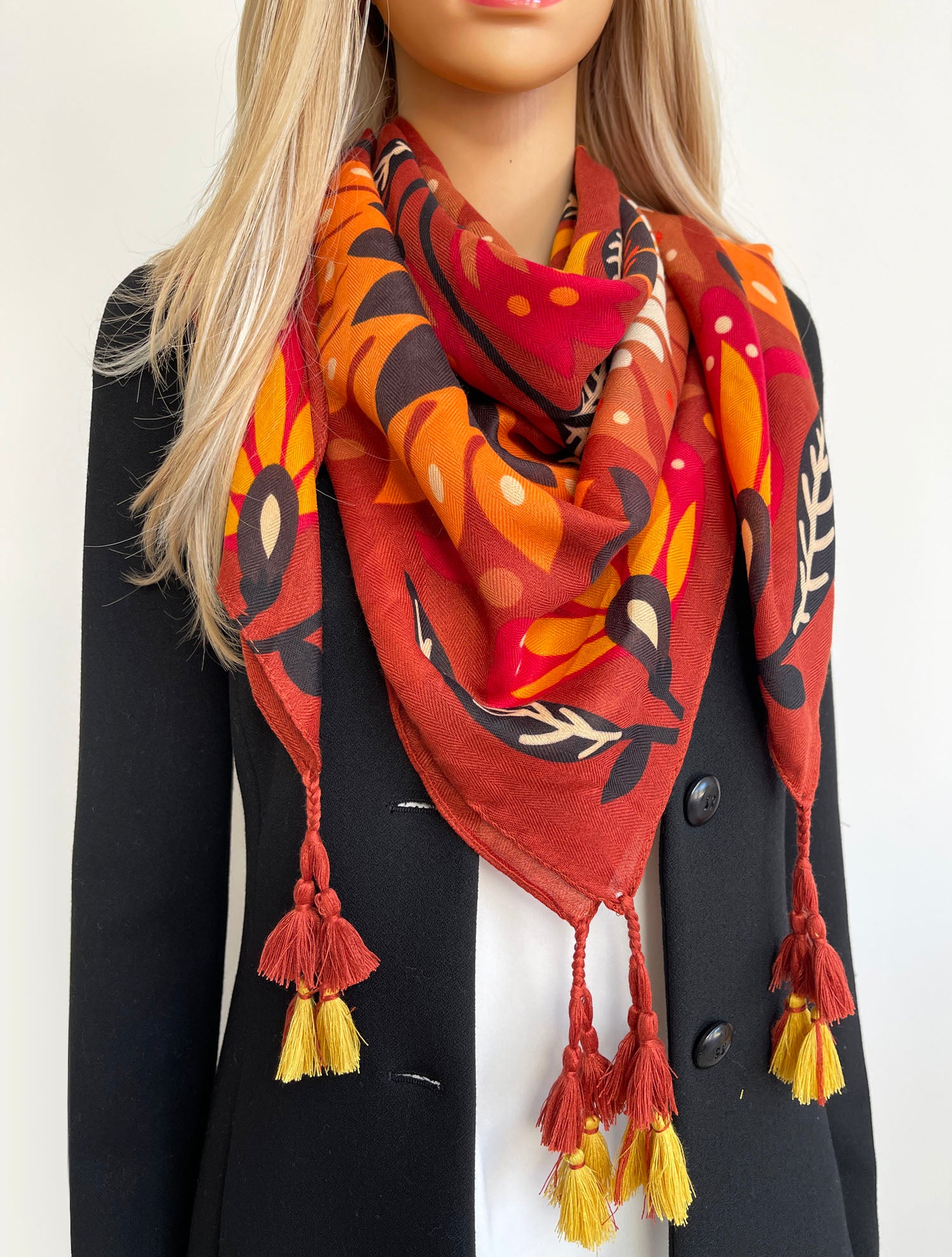 ORANGE LOTUS FLORAL PRINT SQUARE TASSEL SCARF
