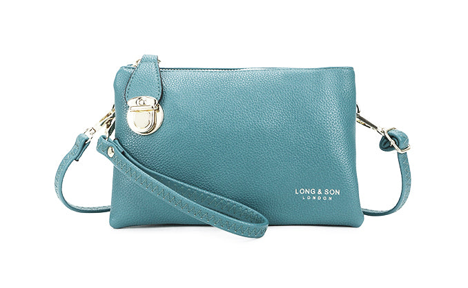 SMALL MULTI-POCKET CROSS BODY CLUTCH BAG WITH WRISTLET - PASTEL BLUE