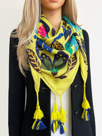 YELLOW LOTUS FLORAL PRINT SQUARE TASSEL SCARF