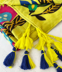 YELLOW LOTUS FLORAL PRINT SQUARE TASSEL SCARF
