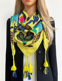 YELLOW LOTUS FLORAL PRINT SQUARE TASSEL SCARF
