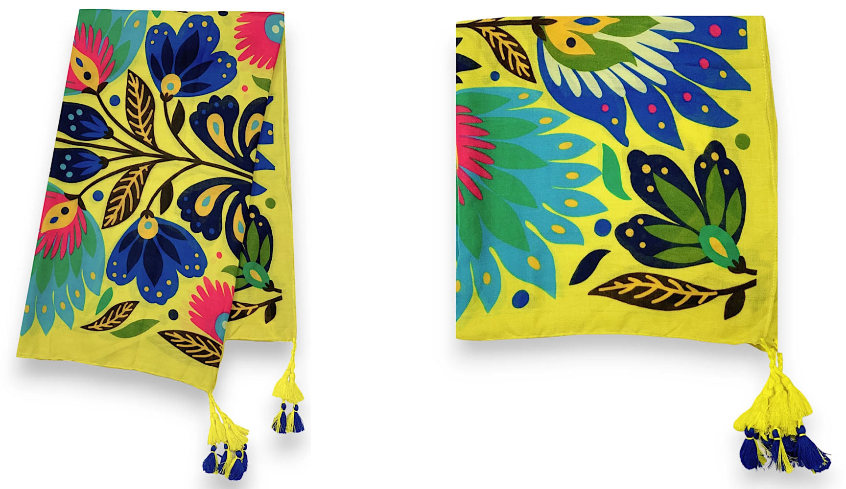 YELLOW LOTUS FLORAL PRINT SQUARE TASSEL SCARF