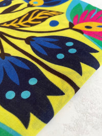 YELLOW LOTUS FLORAL PRINT SQUARE TASSEL SCARF
