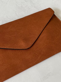 BROWN OVER-SIZED ENVELOPE CLUTCH BAG WITH LONG CROSS BODY AND WRISTLET STRAP
