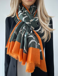 LARGE KHAKI GREEN CONTEMPORARY BUCKLE PRINT PASHMINA SHAWL SCARF