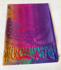 LARGE PURPLE RAINBOW FEATHER AND LEAF PRINT PASHMINA SHAWL SCARF