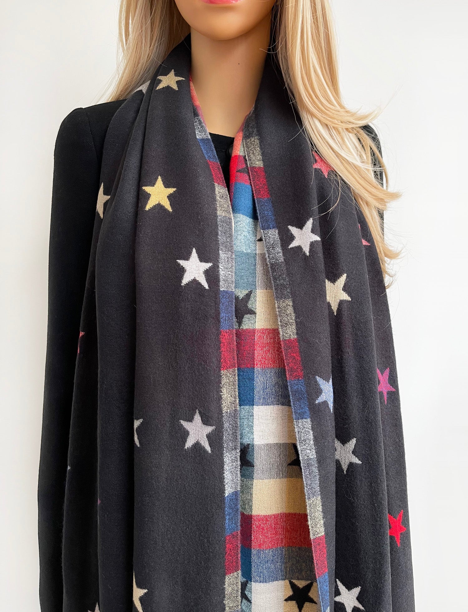LARGE BLACK STAR PRINT REVERSIBLE CHECKED WINTER SHAWL BLANKET SCARF