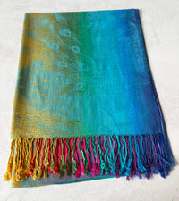 LARGE BLUE RAINBOW FEATHER AND LEAF PRINT PASHMINA SHAWL SCARF