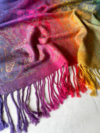 LARGE BLUE RAINBOW FLORAL PAISLEY PASHMINA SHAWL SCARF