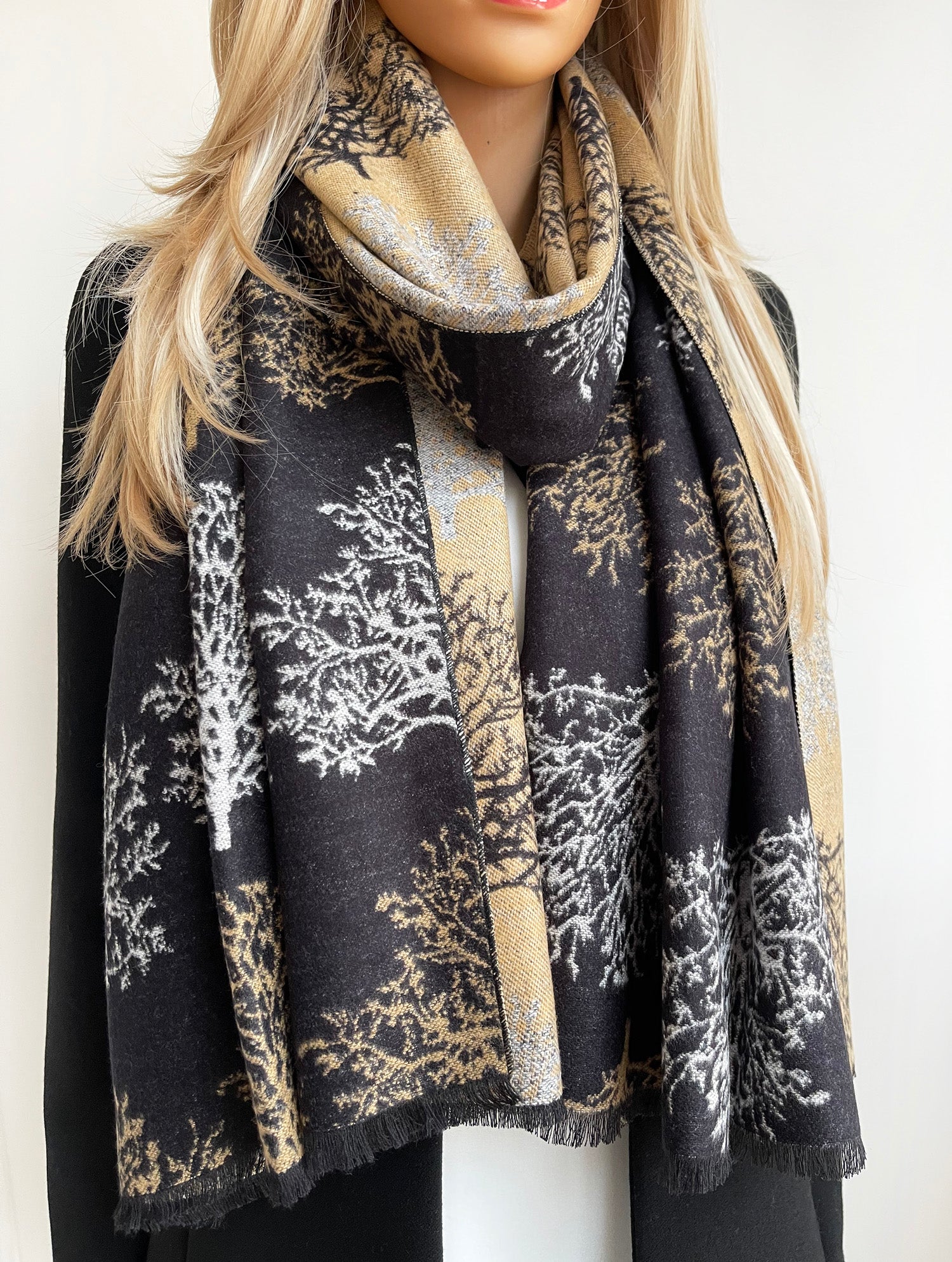 LARGE THICK BLACK TREE PRINT REVERSIBLE WINTER SHAWL BLANKET SCARF