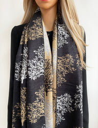 LARGE THICK BLACK TREE PRINT REVERSIBLE WINTER SHAWL BLANKET SCARF
