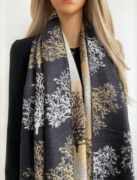LARGE THICK BLACK TREE PRINT REVERSIBLE WINTER SHAWL BLANKET SCARF