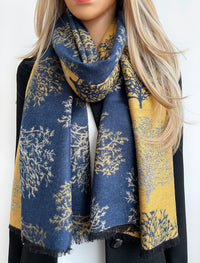 LARGE THICK NAVY MUSTARD TREE PRINT REVERSIBLE WINTER SHAWL BLANKET SCARF