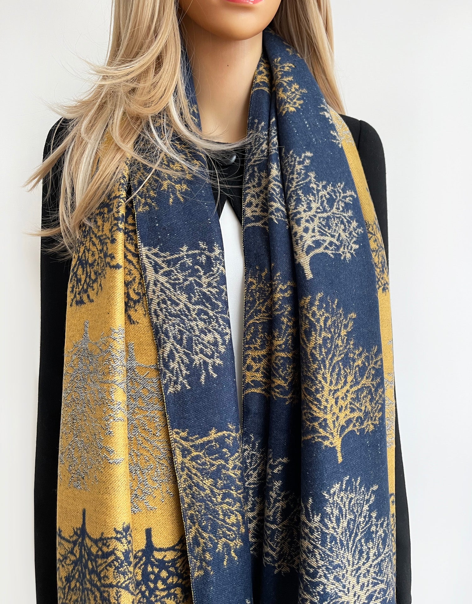 LARGE THICK NAVY MUSTARD TREE PRINT REVERSIBLE WINTER SHAWL BLANKET SCARF