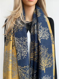 LARGE THICK NAVY MUSTARD TREE PRINT REVERSIBLE WINTER SHAWL BLANKET SCARF