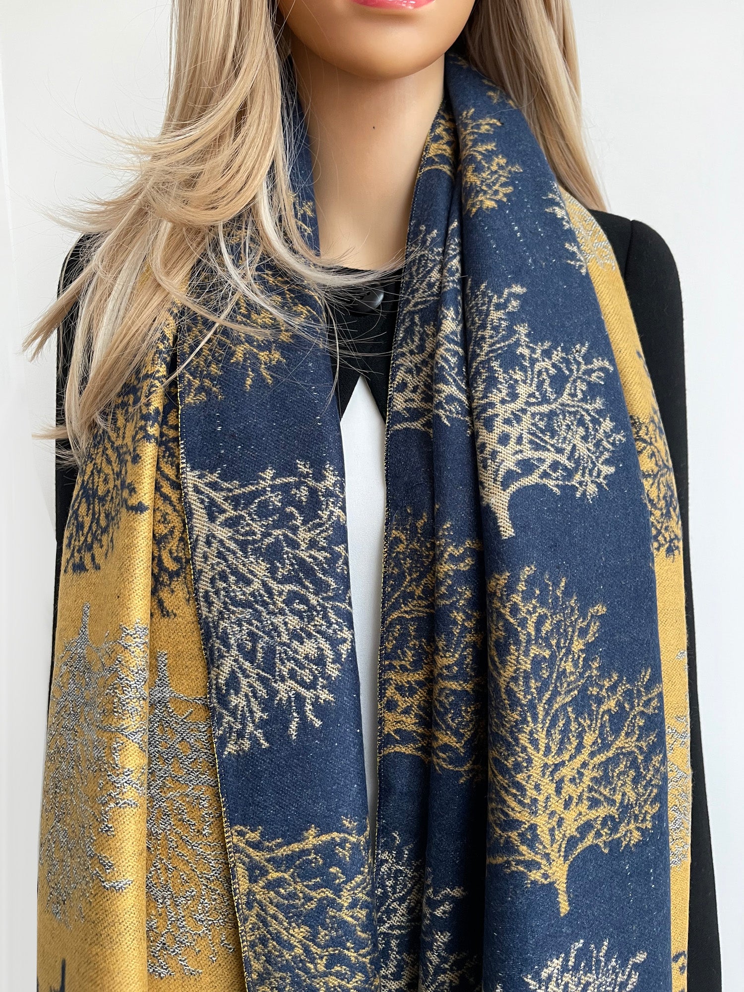 LARGE THICK NAVY MUSTARD TREE PRINT REVERSIBLE WINTER SHAWL BLANKET SCARF