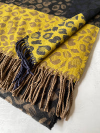 LARGE WOOL MIX THICK LEOPARD PRINT SHAWL - MUSTARD - A-SHU.CO.UK
