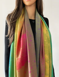 LARGE YELLOW RAINBOW FEATHER AND LEAF PRINT PASHMINA SHAWL SCARF