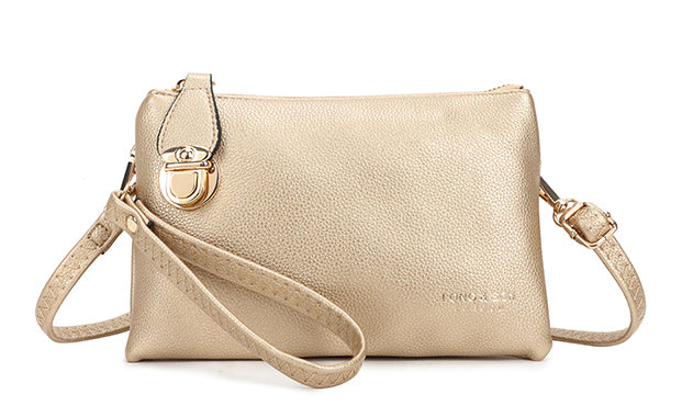 SMALL MULTI-POCKET CROSS BODY CLUTCH BAG WITH WRISTLET - GOLD