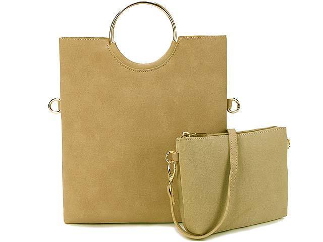 A-SHU 2 PIECE FAUX SUEDE HOLDALL HANDBAG / FOLD-OVER CLUTCH BAG WITH CROSS-BODY BAG - BEIGE - A-SHU.CO.UK
