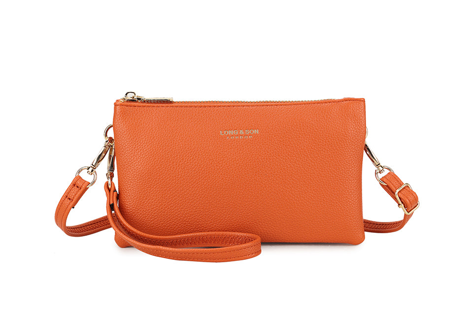SMALL MULTI-POCKET CROSSBODY PURSE BAG WITH WRIST AND LONG STRAPS - ORANGE