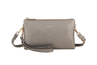 SMALL MULTI-POCKET CROSSBODY PURSE BAG WITH WRIST AND LONG STRAPS - PEWTER