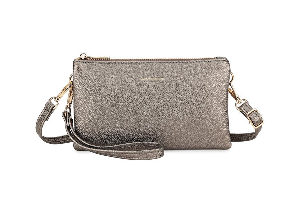 SMALL MULTI-POCKET CROSSBODY PURSE BAG WITH WRIST AND LONG STRAPS - PEWTER