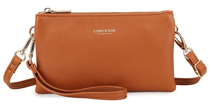 SMALL MULTI-POCKET CROSSBODY PURSE BAG WITH WRIST AND LONG STRAPS - TAN