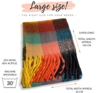 BLACK CHECKED WOOL RAINBOW BLANKET SCARF OVERSIZED WINTER SHAWL WRAP