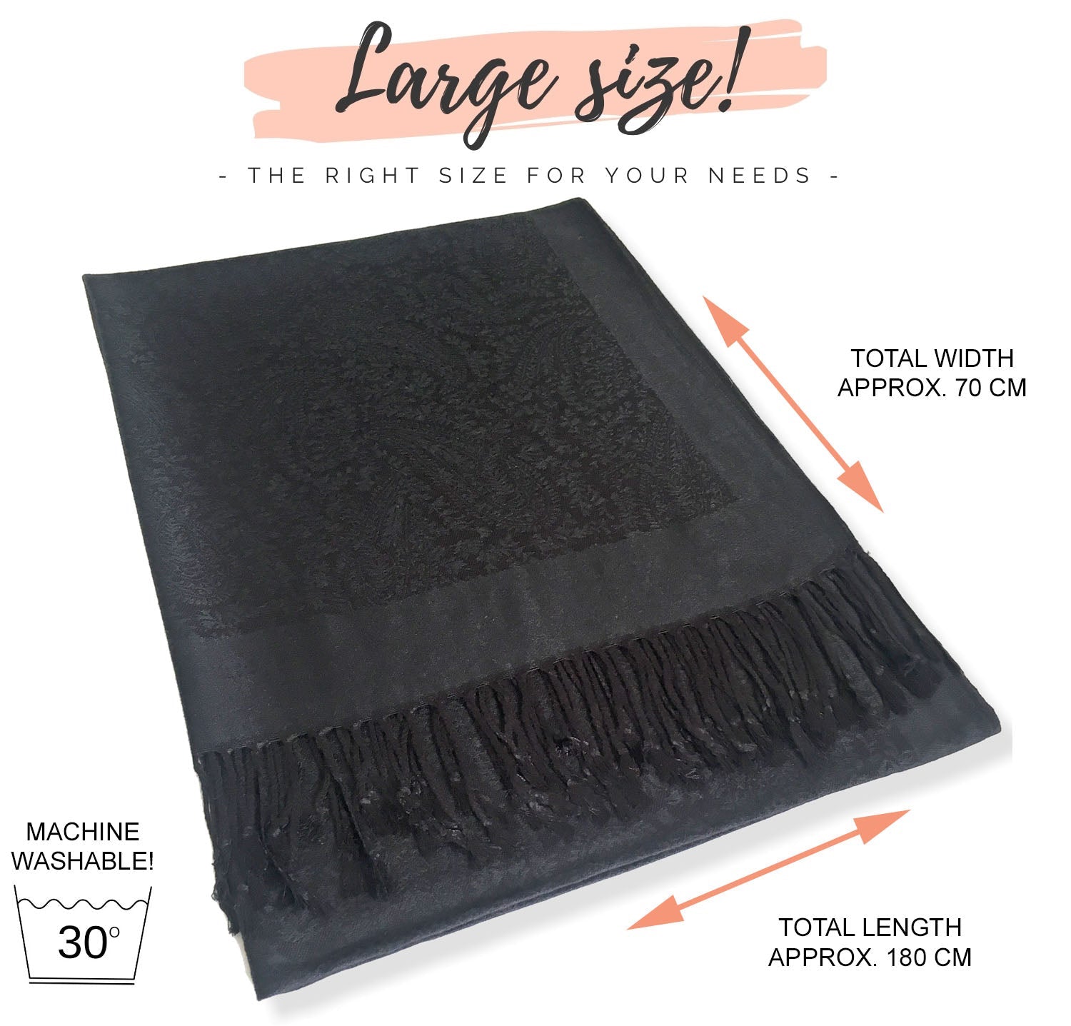 BLACK PAISLEY PRINT REVERSIBLE PASHMINA SHAWL SCARF