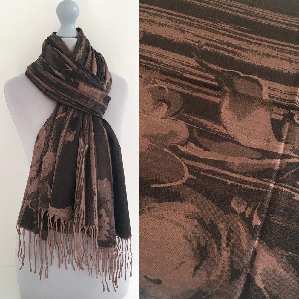 A-SHU BLACK BRONZE REVERSIBLE PASHMINA SHAWL SCARF IN ABSTRACT FLORAL PRINT - A-SHU.CO.UK