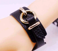 A-SHU BLACK GENUINE LEATHER WIDE CUFF BRACELET WITH BUCKLE CLOSURE - A-SHU.CO.UK