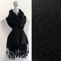 A-SHU BLACK PAISLEY PRINT REVERSIBLE PASHMINA SHAWL SCARF - A-SHU.CO.UK