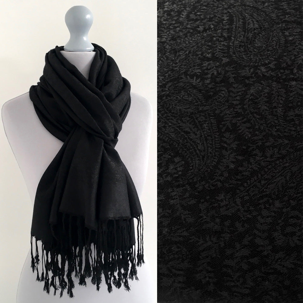 A-SHU BLACK PAISLEY PRINT REVERSIBLE PASHMINA SHAWL SCARF - A-SHU.CO.UK