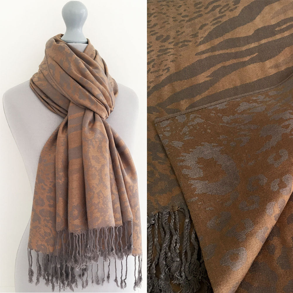 A-SHU BRONZE LARGE LEOPARD PRINT REVERSIBLE PASHMINA SHAWL SCARF - A-SHU.CO.UK