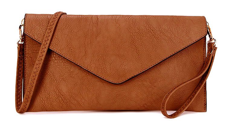 BROWN OVER SIZED ENVELOPE CLUTCH BAG WITH LONG CROSS BODY AND WRISTLET STRAP