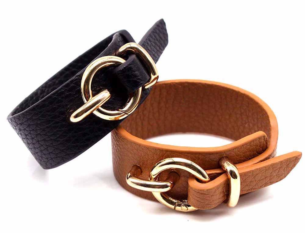 A-SHU BLACK GENUINE LEATHER WIDE CUFF BRACELET WITH BUCKLE CLOSURE - A-SHU.CO.UK