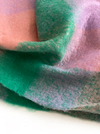 GREEN CHECKED WOOL RAINBOW BLANKET SCARF OVERSIZED WINTER SHAWL WRAP