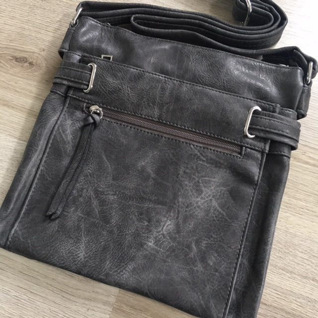 A-SHU LARGE GREY MULTI COMPARTMENT CROSS BODY OVER SHOULDER BAG WITH LONG STRAP - A-SHU.CO.UK