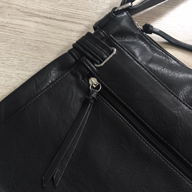 A-SHU LARGE BLACK MULTI COMPARTMENT CROSS BODY OVER SHOULDER BAG WITH LONG STRAP - A-SHU.CO.UK