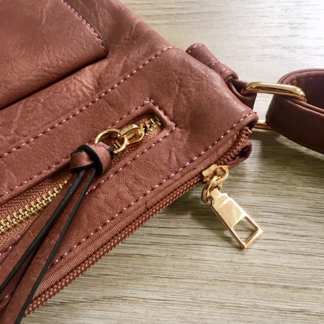 A-SHU LARGE DUSKY PINK TURN LOCK MULTI COMPARTMENT CROSS BODY SHOULDER BAG WITH LONG STRAP - A-SHU.CO.UK