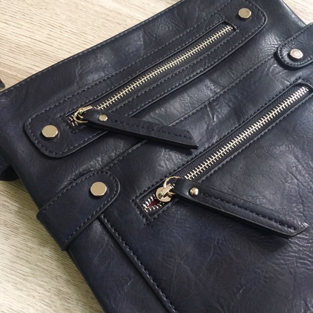 A-SHU LARGE NAVY BLUE MULTI COMPARTMENT CROSSBODY BAG WITH LONG STRAP - A-SHU.CO.UK