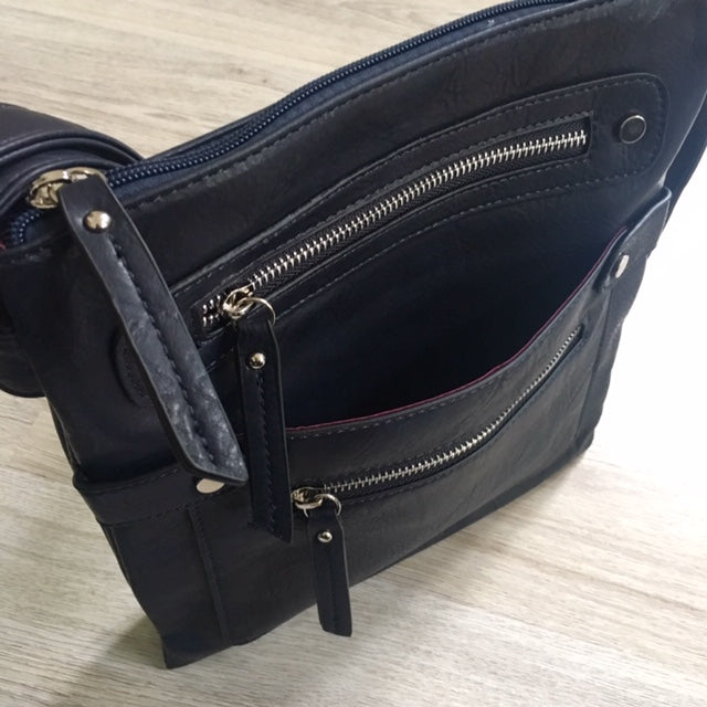 A-SHU LARGE NAVY BLUE MULTI COMPARTMENT CROSSBODY BAG WITH LONG STRAP - A-SHU.CO.UK