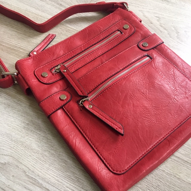A-SHU LARGE RED MULTI COMPARTMENT CROSSBODY BAG WITH LONG STRAP - A-SHU.CO.UK