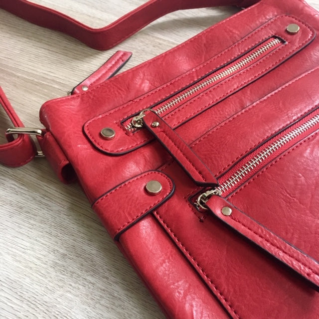 A-SHU LARGE RED MULTI COMPARTMENT CROSSBODY BAG WITH LONG STRAP - A-SHU.CO.UK