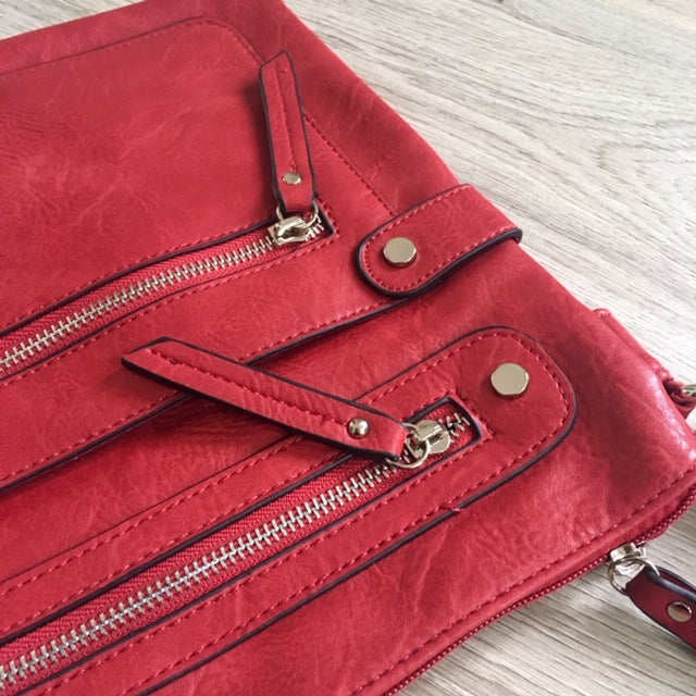 A-SHU LARGE RED MULTI COMPARTMENT CROSSBODY BAG WITH LONG STRAP - A-SHU.CO.UK