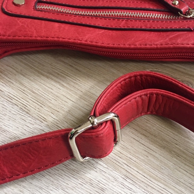 A-SHU LARGE RED MULTI COMPARTMENT CROSSBODY BAG WITH LONG STRAP - A-SHU.CO.UK