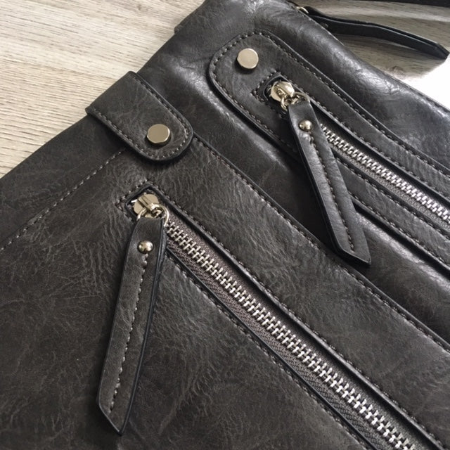 A-SHU LARGE GREY MULTI COMPARTMENT CROSSBODY BAG WITH LONG STRAP - A-SHU.CO.UK