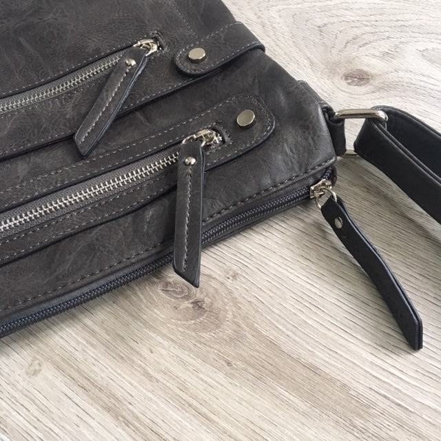 A-SHU LARGE GREY MULTI COMPARTMENT CROSSBODY BAG WITH LONG STRAP - A-SHU.CO.UK